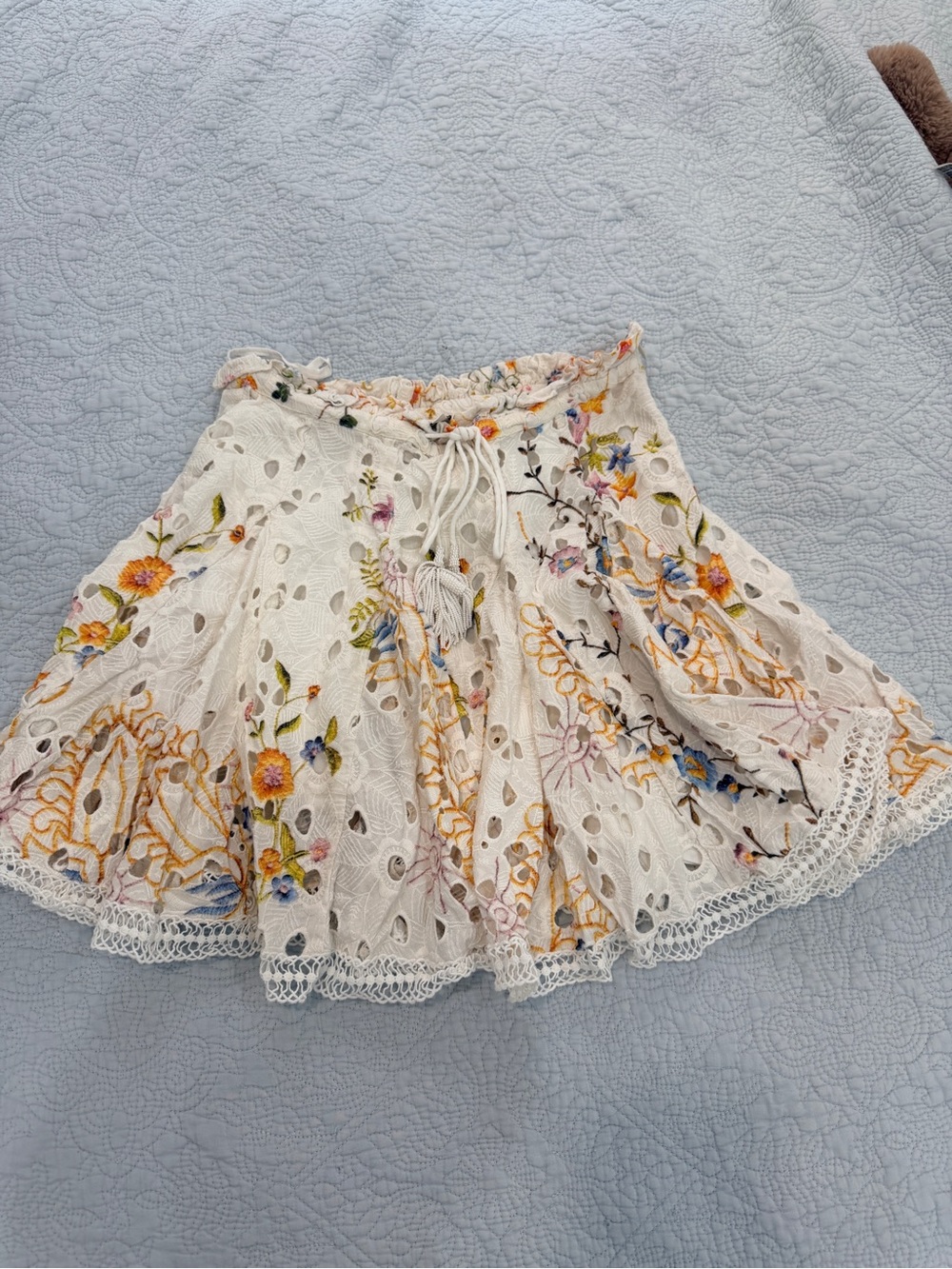 HEMANT & NANDITA Cream Eyelet Skirt with Multicolor Floral Embroidery
